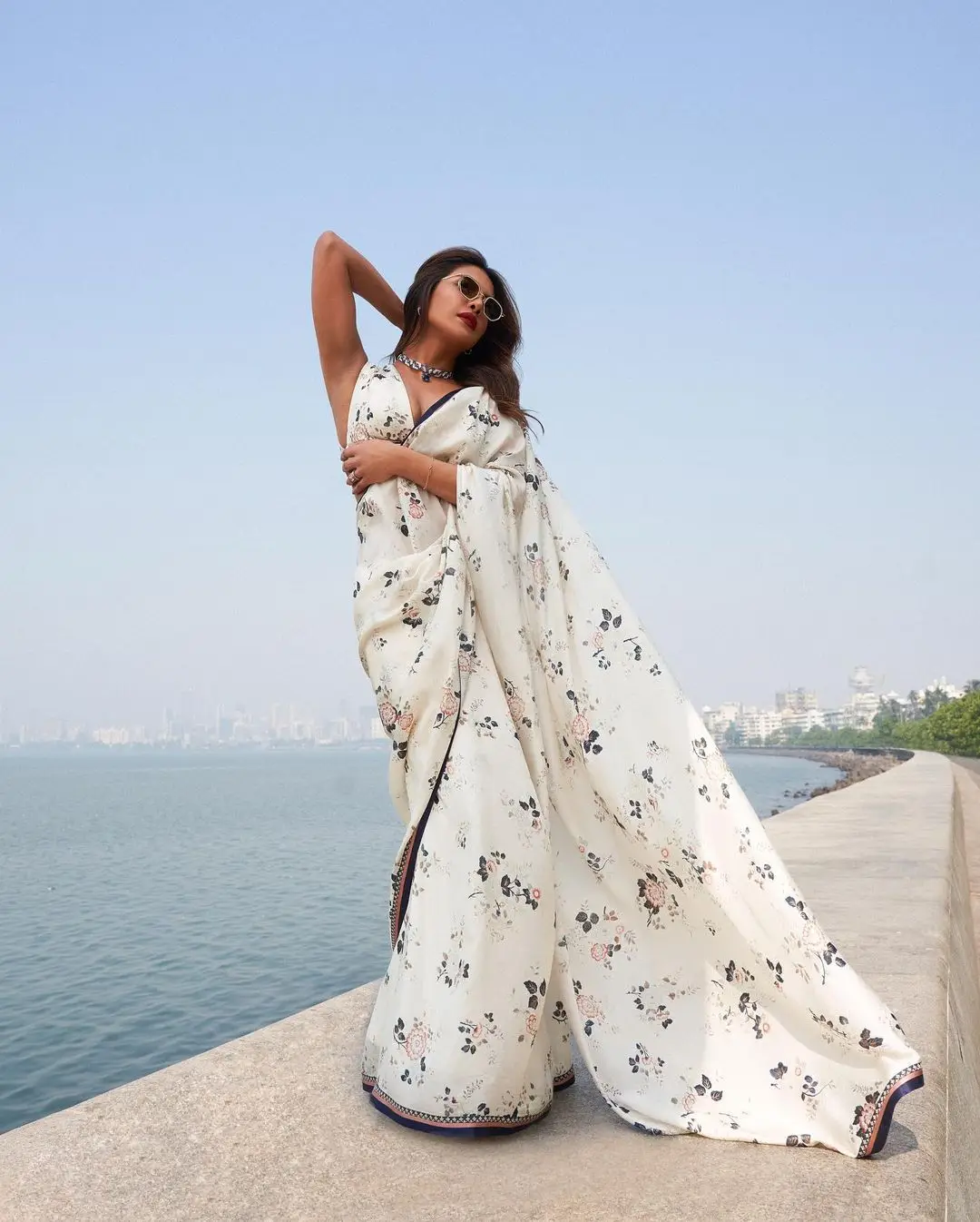 Indian Girl Priyanka Chopra In White Saree Sleeveless Blouse